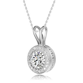 CZ Halo Solitaire Pendant In White Rhodium Over Brass