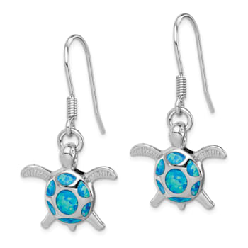Rhodium Over Sterling Silver Lab Created Opal Turtle Shepherd Hook Earrings