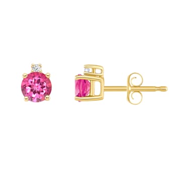 4mm Round Pink Topaz with Diamond Accents 14k Yellow Gold Stud Earrings