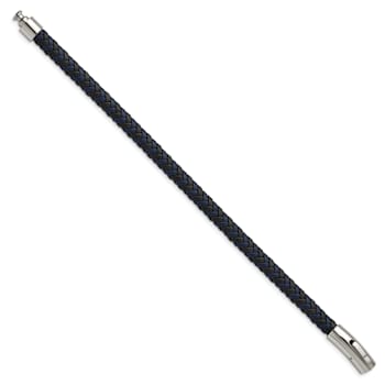 Black and Blue Braided Leather and Stainless Steel Polished 8.25-inch Bracelet
