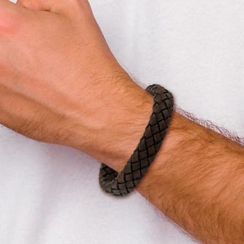 Brown Leather and Stainless Steel Brushed 8.25-inch Bracelet