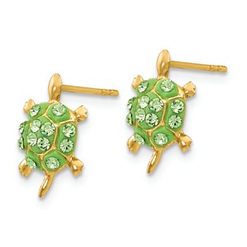 14k Yellow Gold Light Green Crystal Turtle Stud Earrings