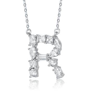 Initial R Mixed Cut CZ Pendant Necklace In Sterling Silver 18 Inch