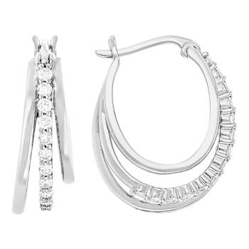 Polished And Pave Lab-Grown Diamond Hoop Earrings In PlatInum Over
Sterling Silver