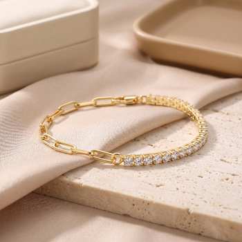 CZ Half-Tennis Half-Link Bracelet In 14K Gold Over Brass