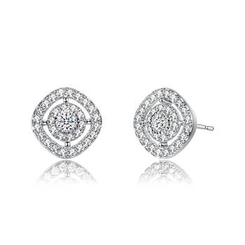 CZ Halo Square Stud Earrings In White Rhodium Over Brass