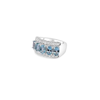 6x4mm Oval Aquamarine and White CZ Rhodium Over Sterling Silver Ring, 2.0ctw