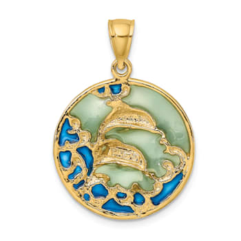 14k Yellow Gold Dolphins with Blue Enameled Pendant