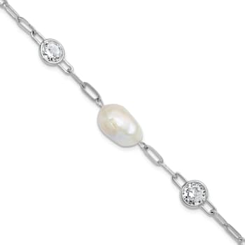 Rhodium Over Sterling Silver Cubic Zirconia and Pearl Link with
0.75-inch Extension Bracelet