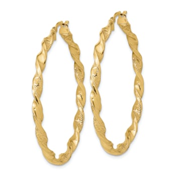 14k Yellow Gold Polished and Textured Twisted 1 3/4" Hoop Earrings