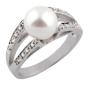 White Cultured Freshwater Pearl Ring Rhodium Over Silver