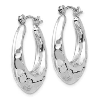 Rhodium Over 14k White Gold Polished and Hammered 7/16" Oval Hoop Earrings
