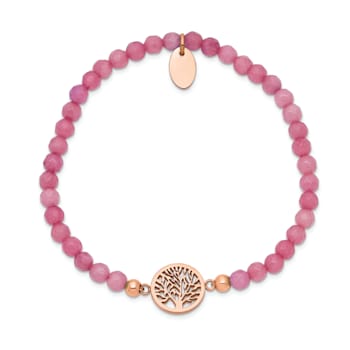 Rose Stainless Steel Polished Tree of Life Red Jade Stretch Bracelet
