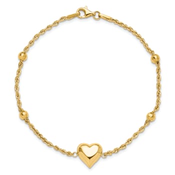 14k Yellow Gold Polished and Diamond-Cut Beaded Puffed Heart Bracelet