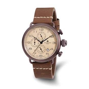 Charles Hubert Men's Brown IP-plated Leather Band 46mm Dual Time Watch