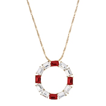 Yellow Base Metal Clear & Red Crystal Round Pendant Necklace  18"