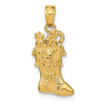 14k Yellow Gold Solid 3D Polished and Textured Christmas Stocking Pendant