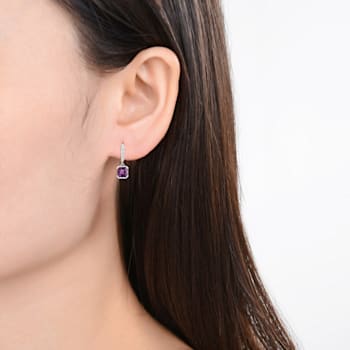 Square Cushion Amethyst with Moissanite Accents Rhodium Over Sterling
Silver Halo Drop Earrings