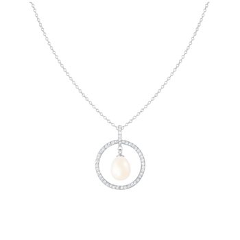 8-9mm Drop White Cultured Freshwater Pearl and CZ Rhodium Over Sterling
Silver Pendant