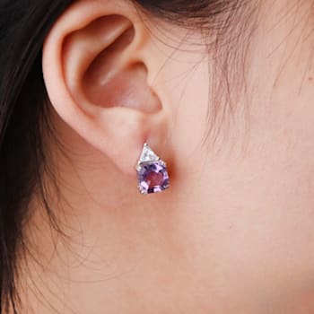 Purple Amethyst and White CZ Octagon Stud Sterling Silver Earrings