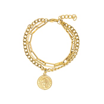 Paperclip And Curb Multi-Row Coin Charm Bracelet In Gold-Tone