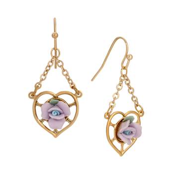 Gold Tone Heart Porcelain Rose Wire Earrings