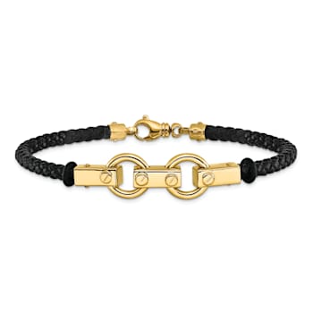 14k Yellow Gold Polished Fancy Link Leather Bracelet