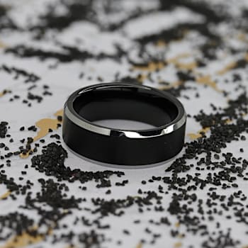 ASTON Black Brushed Center Tungsten Ring with Polished Beveled Edges 8mm