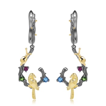 Multi-Gem Black Rhodium Over Sterling Silver Bird Earrings