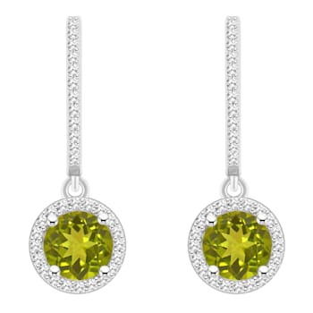 6mm Round Peridot 1/3 ctw Diamond Rhodium Over Sterling Silver Halo
Dangle Earrings