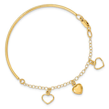14K Yellow Gold Polished Dangle Heart Chain Bangle