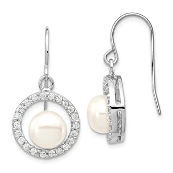 Rhodium Over Sterling Silver 7-8mm White Freshwater Cultured Pearl Cubic
Zirconia Dangle Earrings