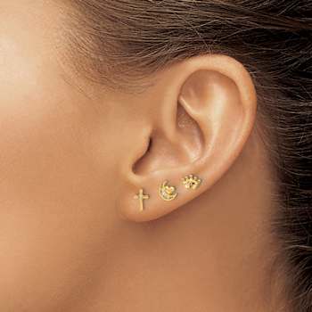 14k Yellow Gold Polished Cubic Zirconia Moon Cross and Crown Three Pair
Stud Earrings Set