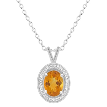 8x6mm Oval Citrine 1/8 ctw Diamond Rhodium Over Sterling Silver Halo
Pendant with Chain