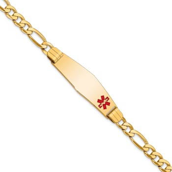 14k Yellow Gold Medical Soft Diamond Shape Red Enamel Flat Figaro Link
ID Bracelet