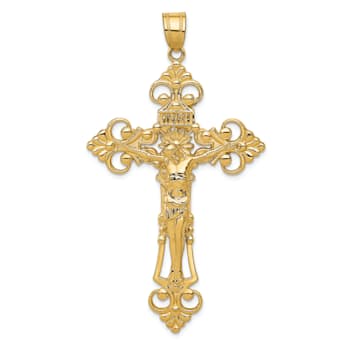 14K Yellow Gold INRI Fleur De Lis Crucifix Pendant
