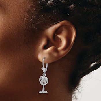Rhodium Over 14k White Gold Textured Palm Tree Dangle Earrings