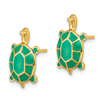 14k Yellow Gold Land Turtle with Green Enameled Shell Stud Earrings