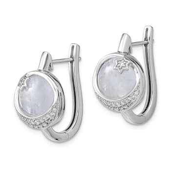 Rhodium Over 14k White Gold Moon and Star Hinged Hoop Earrings with
Moonstone and Diamonds