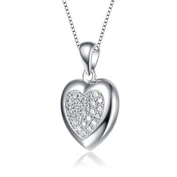 Pave CZ Heart Pendant Necklace In White Rhodium Over Brass