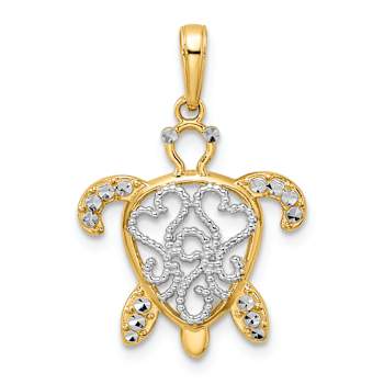 14k Yellow Gold and Rhodium Over 14k Yellow Gold Diamond-Cut Filigree
Turtle Pendant