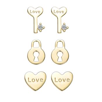 CZ Heart And Key Stud Earrings 3-Piece Set In 14K Gold Over Sterling Silver