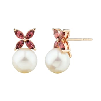 8-8.5mm Round White Freshwater Pearl and Pink Tourmaline 14K Rose Gold
Drop Floral Earrings