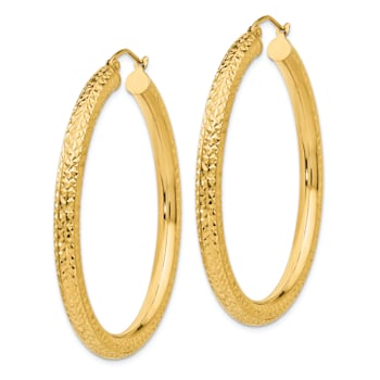 14k Yellow Gold 1 3/4" Diamond-cut Round Hoop Earrings