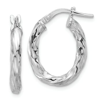 Rhodium Over Sterling Silver Polished and Textured Twisted Oval Hoop Earrings