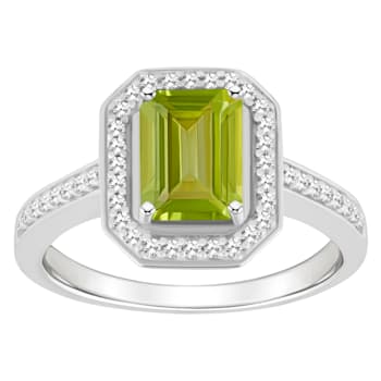 8x6mm Emerald Cut Peridot 1/5 ctw Diamond Rhodium Over Sterling Silver
Halo Ring