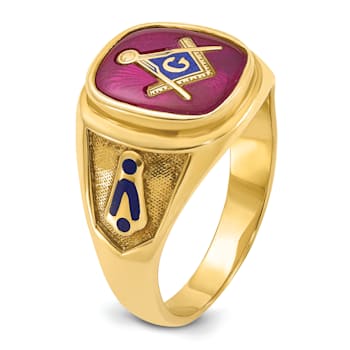 10K Yellow Gold Men's Enamel and Lab Created Ruby Blue Lodge Masonic Ring