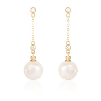 7-7.5mm Akoya Pearl with Diamond Accent 14K Yellow Gold Dangling Chain
Earrings, 0.12ctw