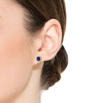 Sapphire Color CZ Halo Stud Earrings In 14K Gold Over Brass