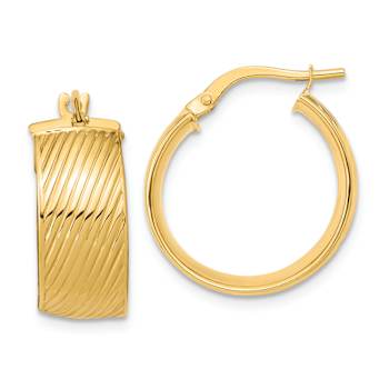 14k Yellow Gold 13/16" Polished and Textured Hinged Hoop Earrings